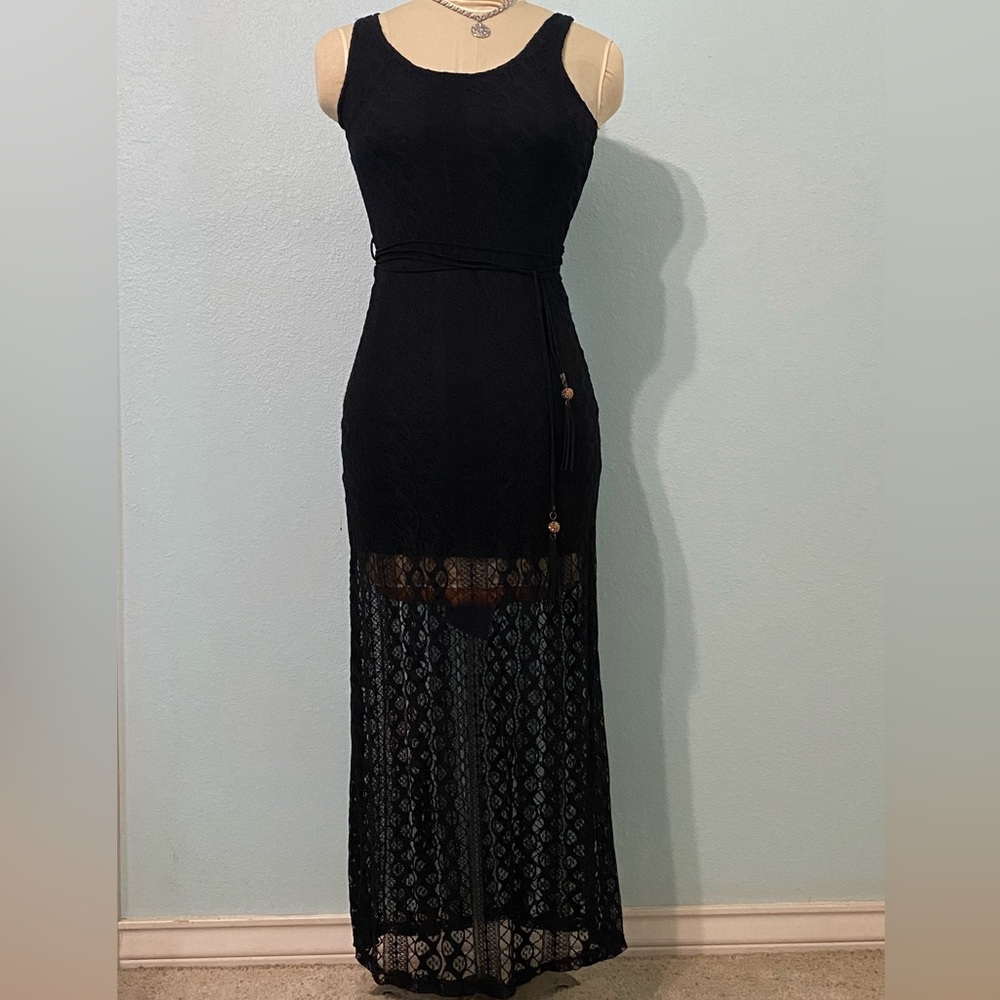Trac Black Maxi sheer lace dress sleeveless size Small